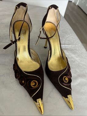 Women's Brown Pointed-Toe Ankle-Strap Heels with Gold Accents